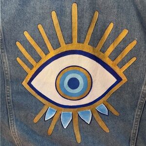 Evil Eye Hand Painted Distressed Blue Denim Jacket